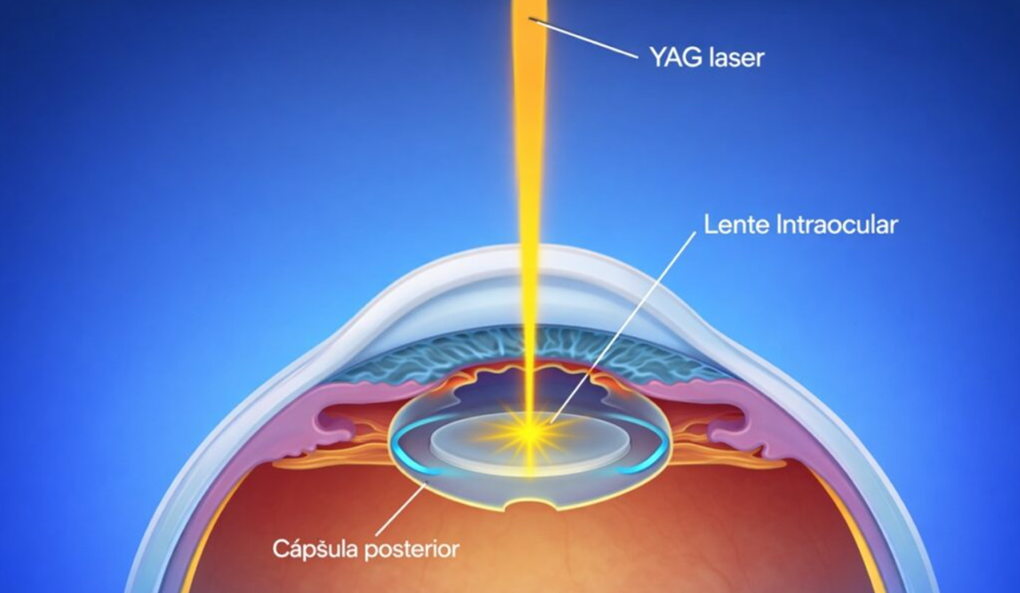 Ilustração médica digital demonstrando a aplicação do disparo de YAG Laser para o procedimento de capsulotomia posterior após cirurgia de catarata.