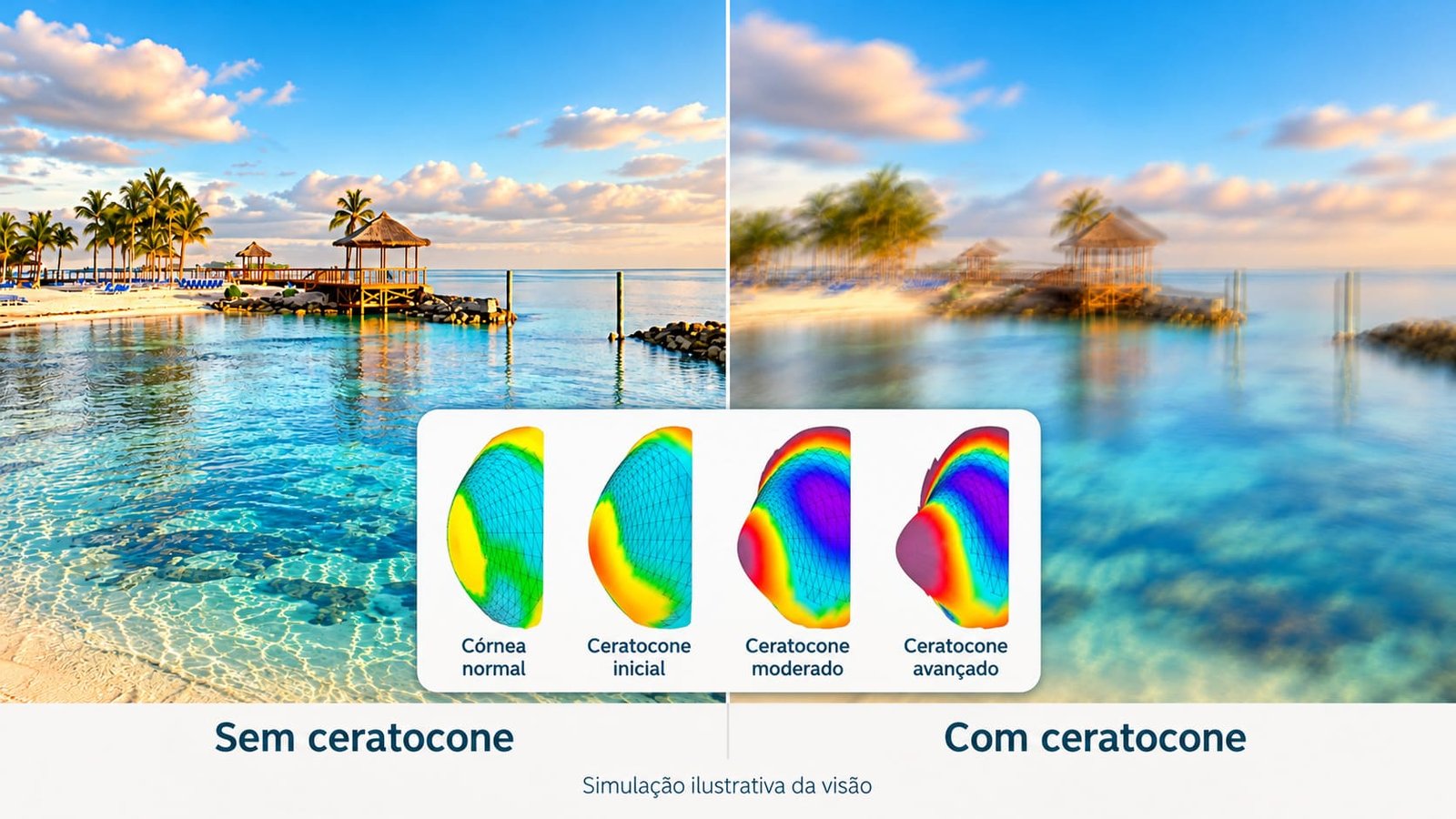 Comparação ilustrativa da visão sem e com ceratocone, acompanhada de representações dos estágios da doença