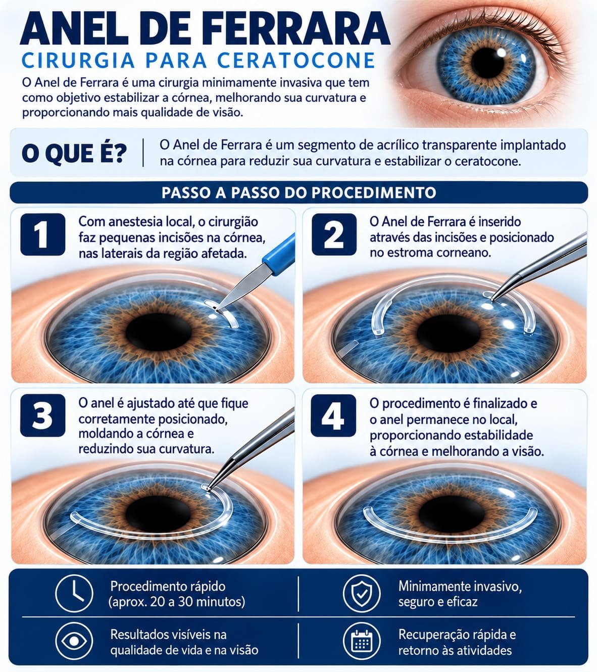Ilustração do Anel de Ferrara implantado na córnea para tratamento do ceratocone